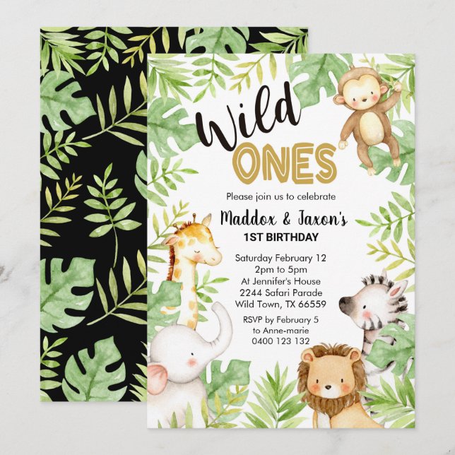 Jungle Wild Ones 1er Anniversaire Invitation Twins (Devant / Derrière)