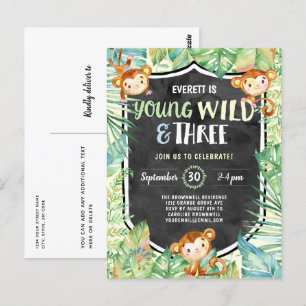 Jungle Young Wild and Three Birthday Party Postcard