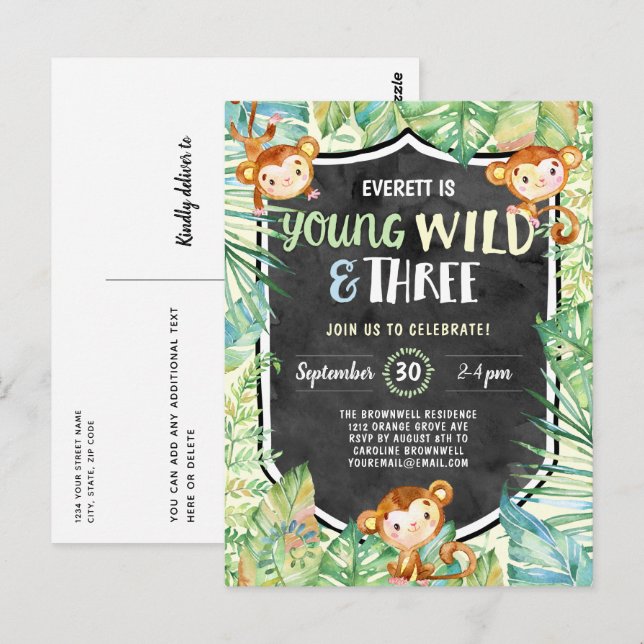 Jungle Young Wild and Three Birthday Party Postcard (Front/Back)