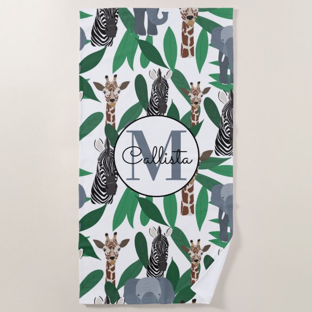 Jungle Zebra Elephant Giraffe Safari Animals Beach Towel (Front)