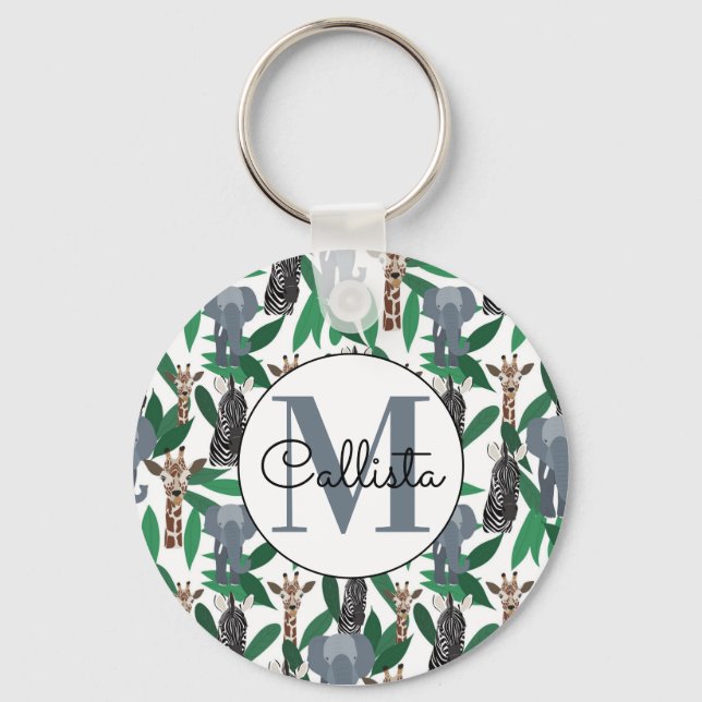 Jungle Zebra Elephant Giraffe Safari Animals Keychain (Front)