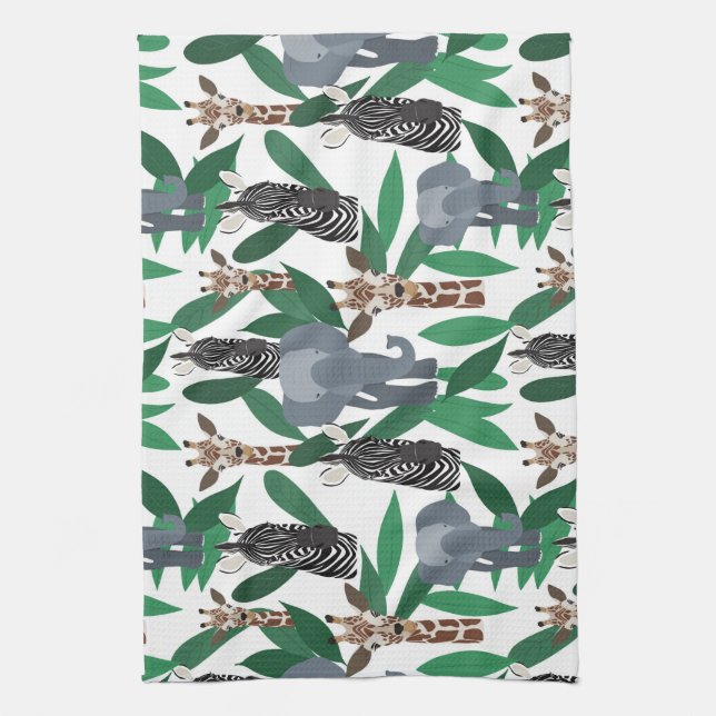 Jungle Zebra Elephant Giraffe Safari Animals Kitchen Towel (Vertical)