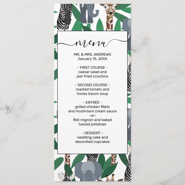 Jungle Zebra Elephant Giraffe Safari Animals Menu (Front)
