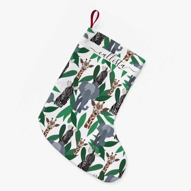 Jungle Zebra Elephant Giraffe Safari Animals Small Christmas Stocking (Front (Hanging))
