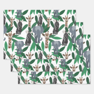 Jungle Zebra Elephant Giraffe Safari Animals Wrapping Paper Sheet