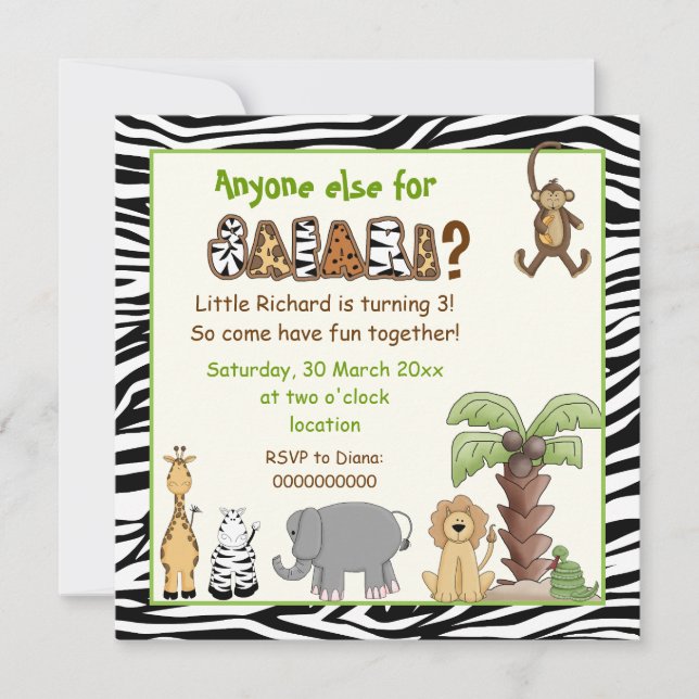Jungle zebra safari kids birthday party invitation (Front)