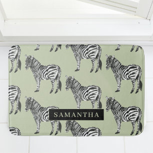 Jungle Zebra Wild Pattern & Personalized Name Bath Mat