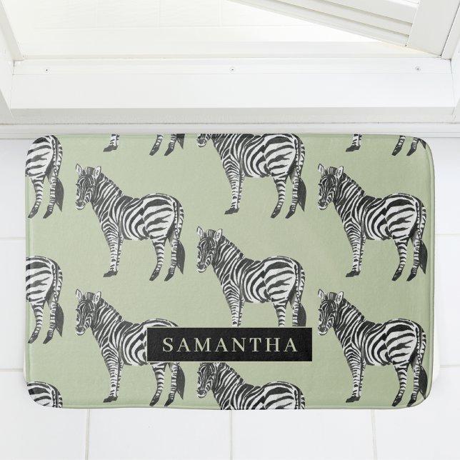 Jungle Zebra Wild Pattern & Personalized Name Bath Mat (Creator Uploaded)