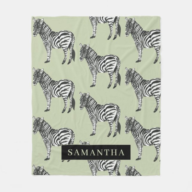 Jungle Zebra Wild Pattern & Personalized Name Fleece Blanket (Front)