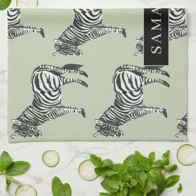 Jungle Zebra Wild Pattern & Personalized Name Kitchen Towel (Folded)