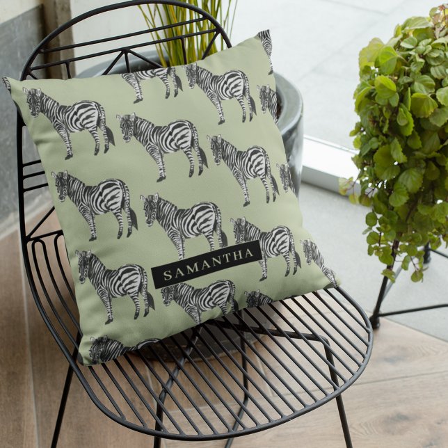 Jungle Zebra Wild Pattern & Personalized Name Outdoor Pillow (Creator Uploaded)