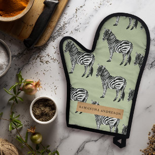 Jungle Zebra Wild Pattern & Personalized Name Oven Mitt & Pot Holder Set
