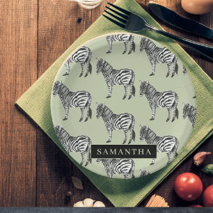 Jungle Zebra Wild Pattern & Personalized Name Paper Plate