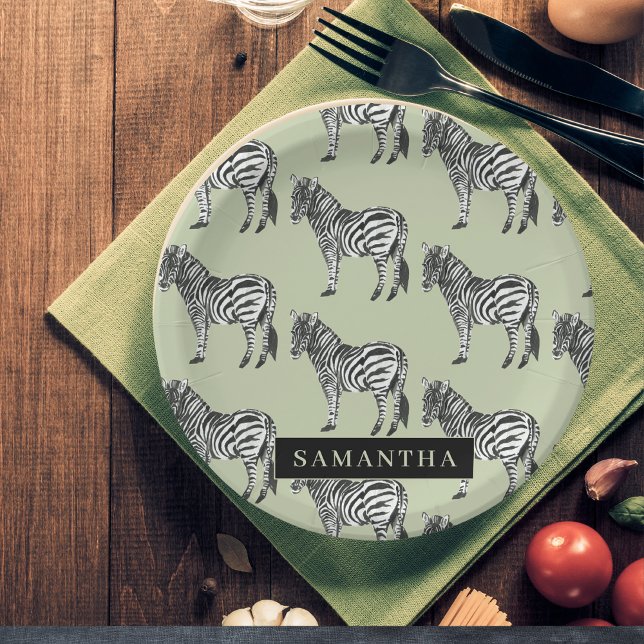 Jungle Zebra Wild Pattern & Personalized Name Paper Plate (Creator Uploaded)