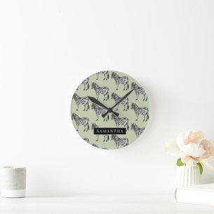 Jungle Zebra Wild Pattern & Personalized Name Round Clock