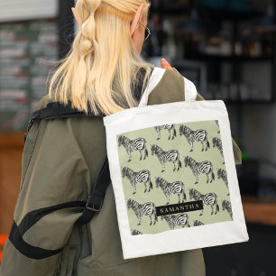 Jungle Zebra Wild Pattern & Personalized Name Tote Bag
