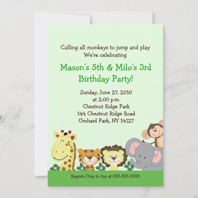 JUNGLE ZOO PARTY 5x7 Custom Birthday Invitation (Front)