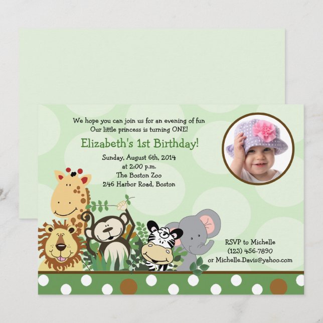 Jungle Zoo Party Birthday Invitation with Photo (Front/Back)
