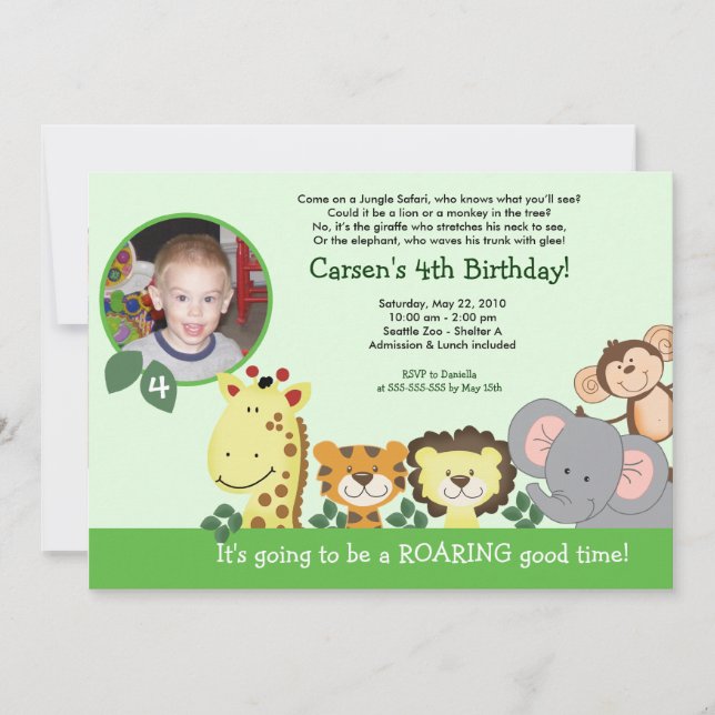 Jungle Zoo Party Green Animal Photo Carte Annivers (Devant)