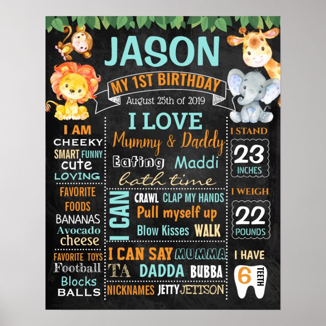 Jungle Zoo Safari Animals First Birthday board Poster (Front)