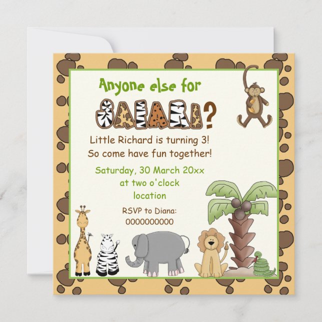 Junglebeige, brown safari kids birthday party invitation (Front)