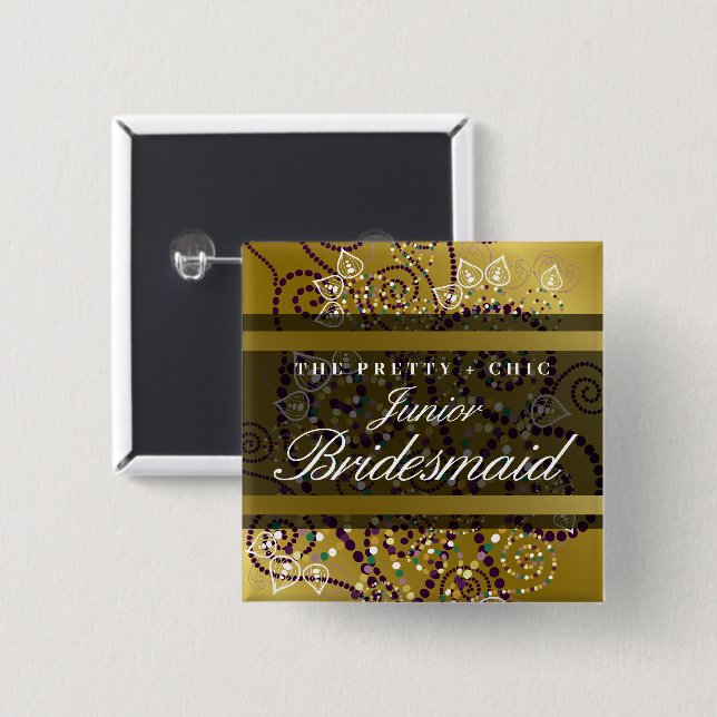 JUNIOR BRIDESMAID Boho Spirals Gold Wedding Button (Front & Back)