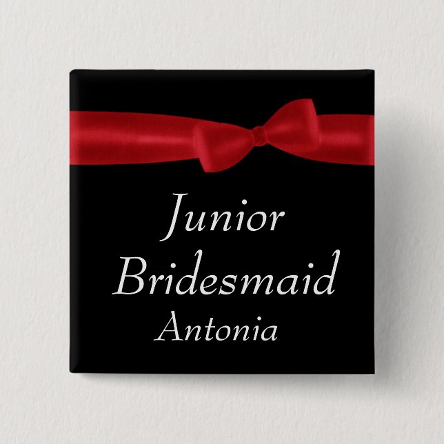 JUNIOR BRIDESMAID Red Bow Wedding Custom Name 2 Inch Square Button (Front)