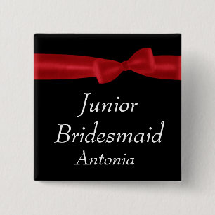JUNIOR BRIDESMAID Red Bow Wedding Custom Name 2 Inch Square Button