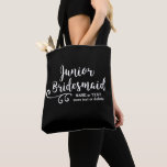 Junior Bridesmaid Tote Bag | Fun Chic White Script<br><div class="desc">Your Junior Bridesmaid will love this personalized tote bag! Double-sided with a fun trendy white script font and swirl, the bag also features two lines of custom text - add the Junior Bridesmaid's name, wedding date, location, etc. Change the background colour to match your wedding colours - just click on...</div>
