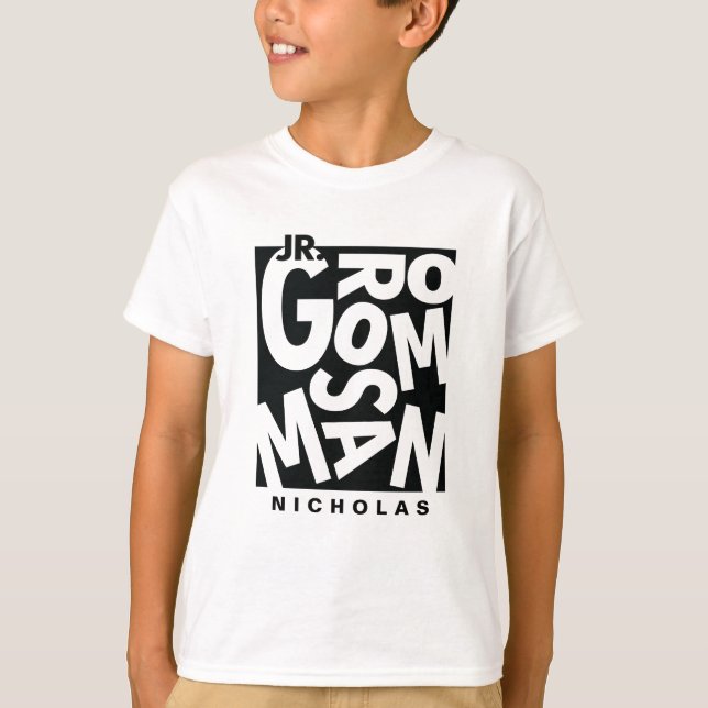 junior Groomsman in black typography, wedding T-Shirt (Front)