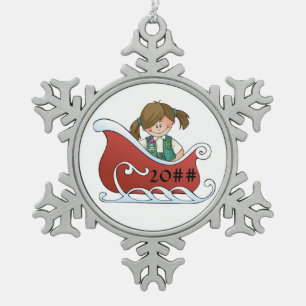Junior Sled Brunette Snowflake Pewter Christmas Ornament