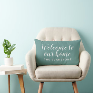 Juniper Green Script Welcome to Our Home Lumbar Pillow