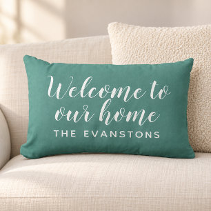 Juniper Green Script Welcome to Our Home Lumbar Pillow