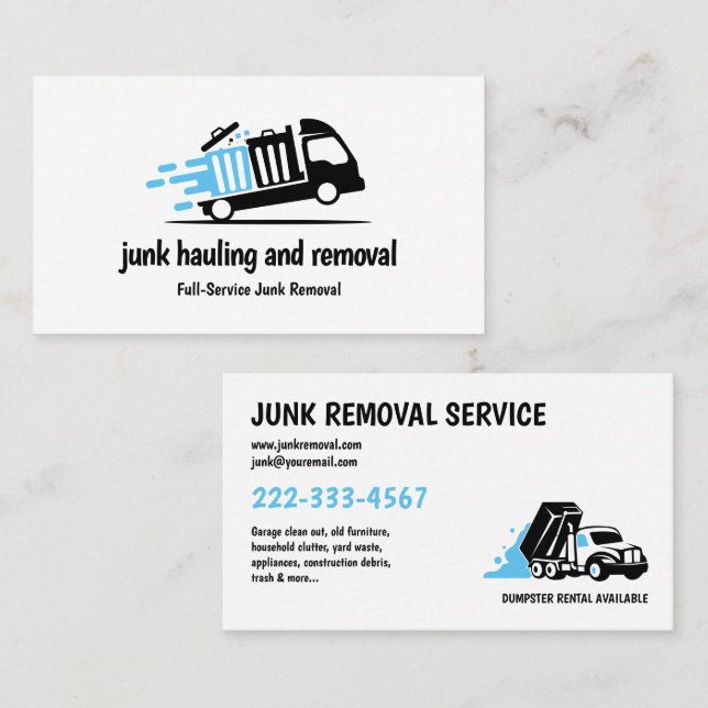 JUNK HAULING TRASH REMOVAL BLUE BLACK BUSINESS CARD (Front/Back)