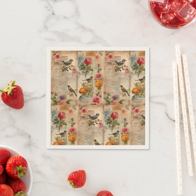 Junk Journal page with flowers + birds - Napkin (Insitu)