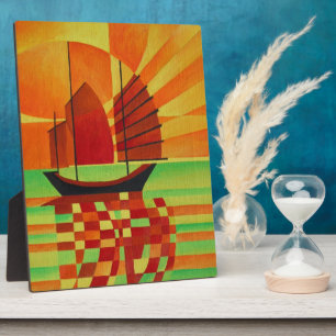 Junk on Sea of Green Cubist Abstract Plaque