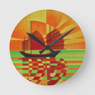 Junk on Sea of Green Cubist Abstract Round Clock