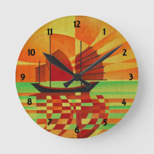 Junk on Sea of Green Cubist Abstract Round Clock