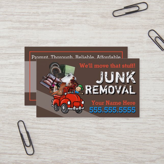 Junk Removal Garbage Hauling Red Pickup Business Card (Front/Back In Situ)