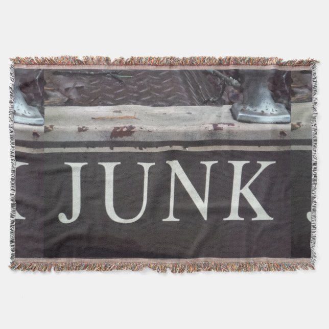 Junk sign on antique tow truck. car, rusted metal throw blanket (Front)