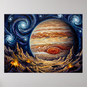 Jupiter and Io Starry Night Space Landscape Poster
