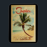 Jupiter Palm Tree Vintage Travel Magnet<br><div class="desc">A uniquely retro mid-century modern Jupiter Florida art print in vintage travel poster style. It features a curved palm tree on sandy beach with ocean under a blue cloudy sky.</div>
