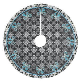 Jupon De Sapin En Molleton Fleurs Art Déco Star Noir - Blanc avec Bows Bleus