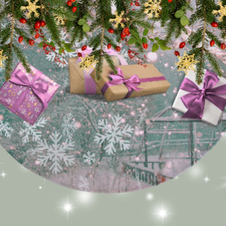 Jupon De Sapin En Molleton Pink Winter Christmas Country Scene 