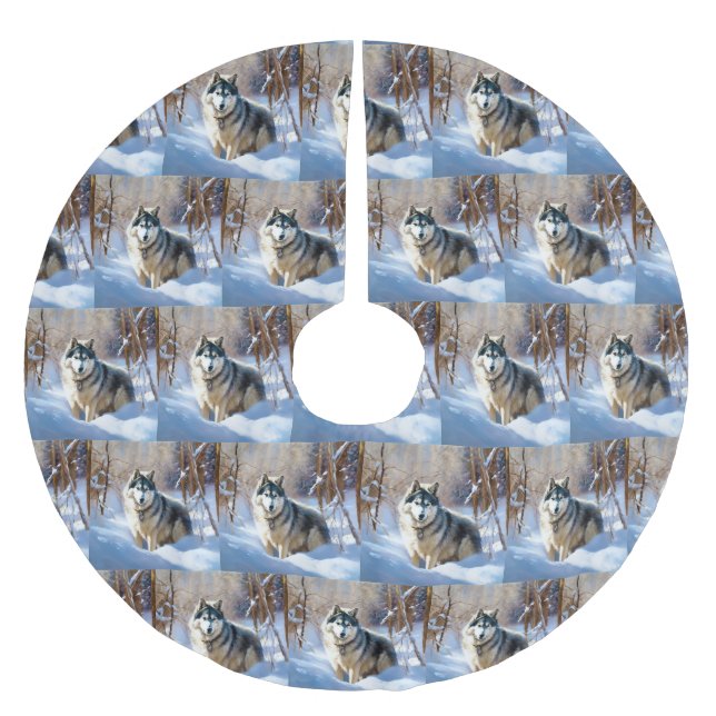 Jupon De Sapin En Polyester Brossé Aaskan Malamute Laisser Il Neige Noël (Devant)