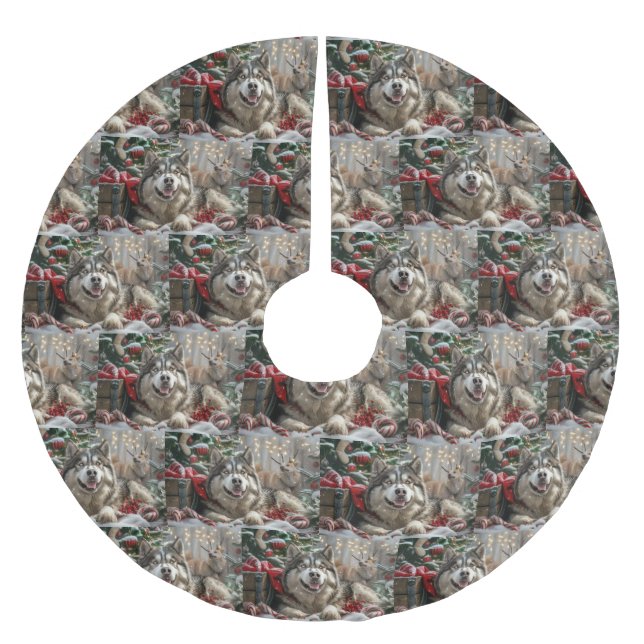Jupon De Sapin En Polyester Brossé Alaskan Malamute Chien Fête de Noël (Devant)