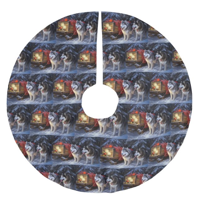 Jupon De Sapin En Polyester Brossé Alaskien Malamute Snowy Sleigh Ride Noël (Devant)