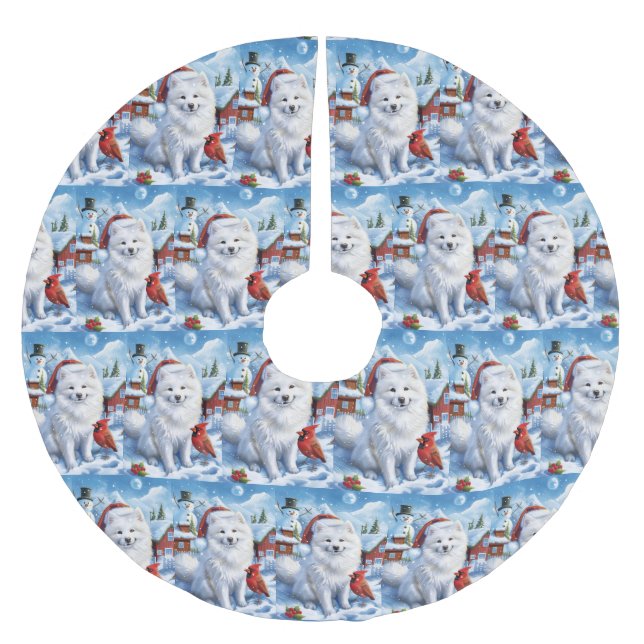 Jupon De Sapin En Polyester Brossé American Eskimo Dog Winter Wonderland Noël (Devant)