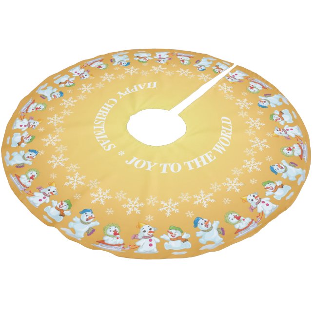 Jupon De Sapin En Polyester Brossé Amusants Snowmen et Snowflakes Gold (Angle)