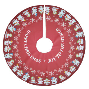 Jupon De Sapin En Polyester Brossé Amusants Snowmen et Snowflakes Rouge